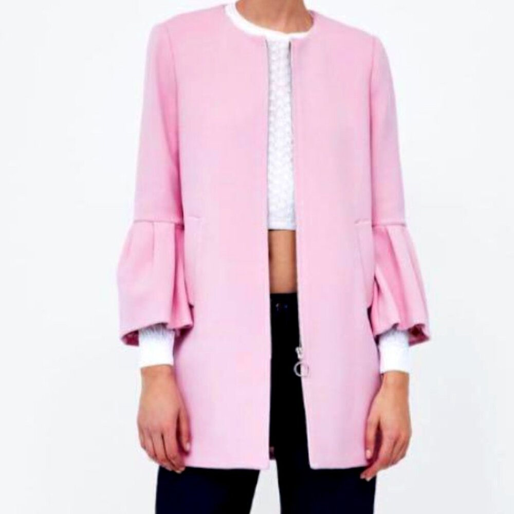 Zara pink spring ruffled bell sleeve Pea coat Jacket Coat Blazer Size Small
